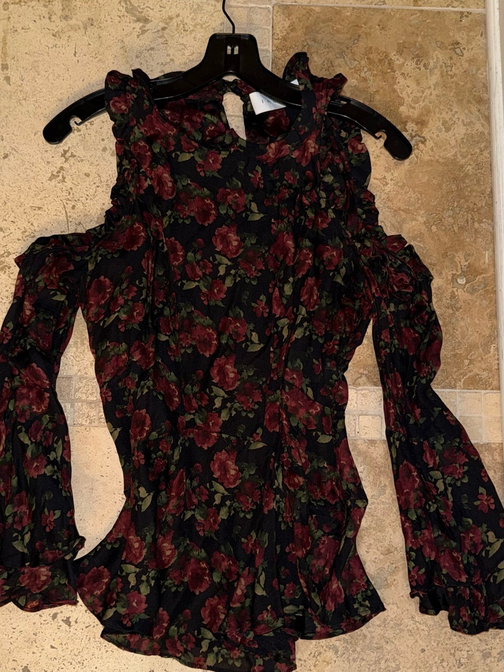 Iro Women's Black Floral Cold-Shoulder Top with Burgundy Roses